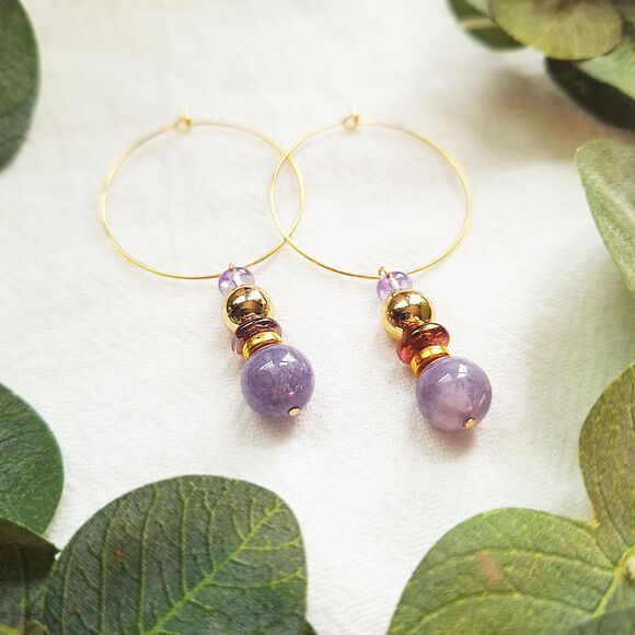 Purple Angelite Stone Hoops, Mid Century Modern Gold Hoops, Statement Earrings - Picture 3 of 10